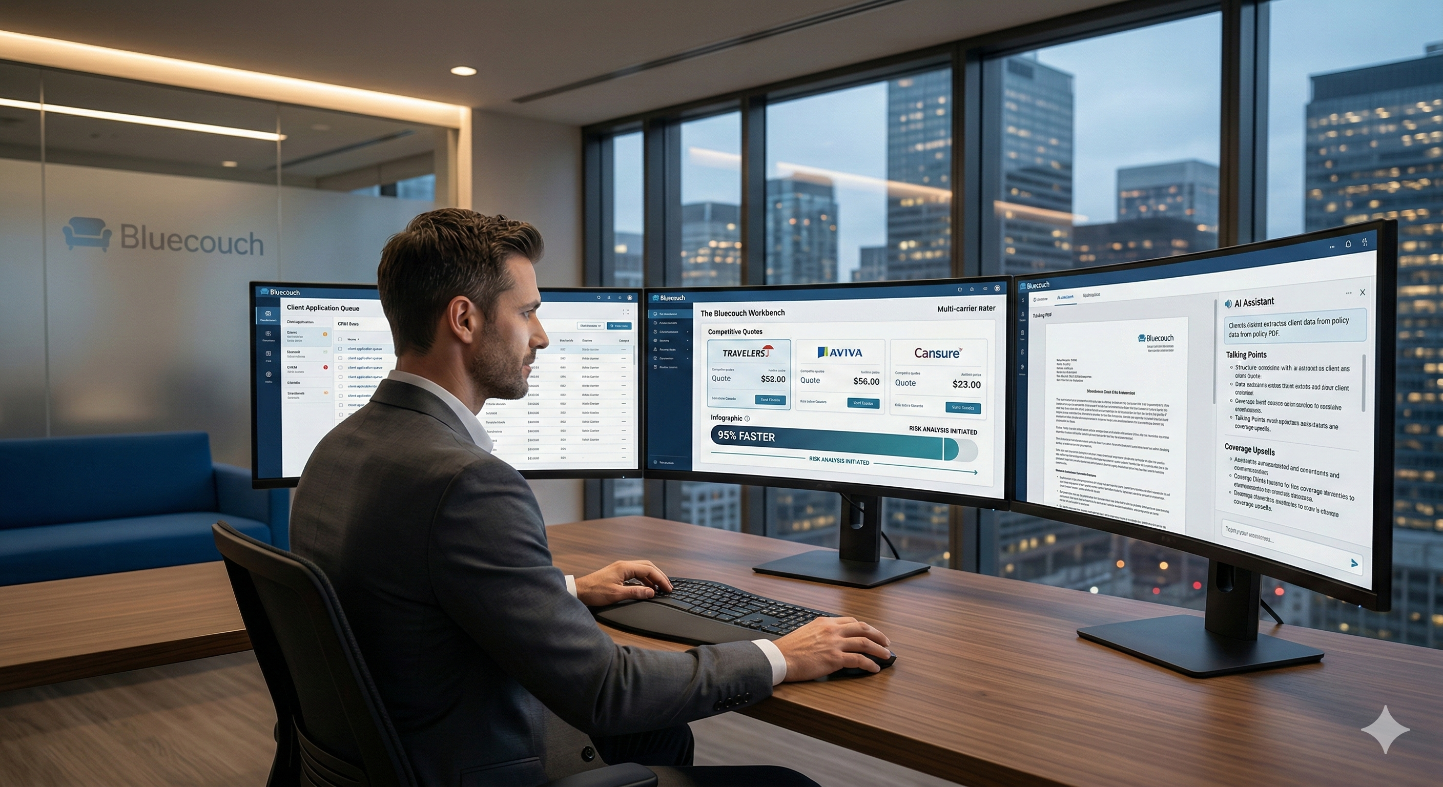 Bluecouch Workbench AI dashboard showing real-time quoting, risk analysis, and carrier integrations